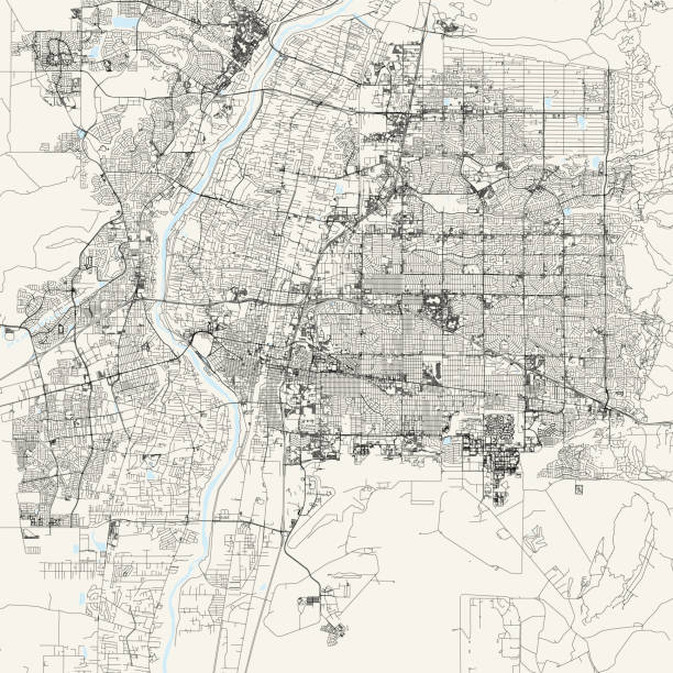 illustrazioni stock, clip art, cartoni animati e icone di tendenza di albuquerque, mappa vettoriale del nuovo messico - rio grande illustrations