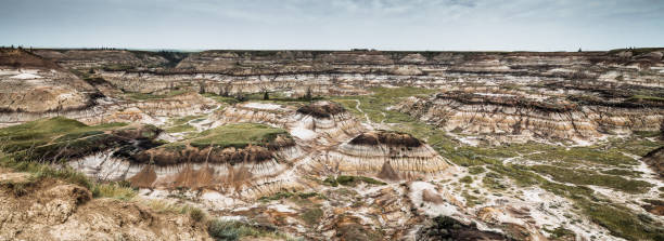 Badlands Horseshoe Canyon Formation Panorama Alberta Canada Horseshoe Canyon Formation XXL Panorama in Summer. The Horseshoe Canyon Formation is part of the Edmonton Group and is up to 230m in thickness. This Canyon gets its name from its horseshoe shape and is approximately 3 km long. The dark bands in the rock formations are coal seams. Edited, Reduced Colors. Horseshoe Canyon, Badlands, Drumheller, Alberta, Canada, North America horseshoe canyon stock pictures, royalty-free photos & images