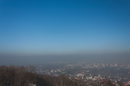 CRACOW, POLAND - JANUARY 30, 2017. Smog over city - unclear view from Kosciuszko Mound.Smog is a kind of air pollution occurring very often in Cracow