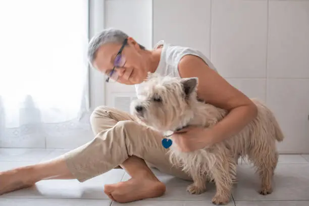 Mature woman playing with her dog in kitchen