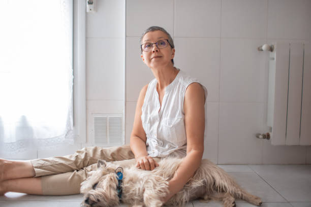 Mature woman and her pet enjoying together Mature woman playing with her dog in kitchen cairn terrier stock pictures, royalty-free photos & images