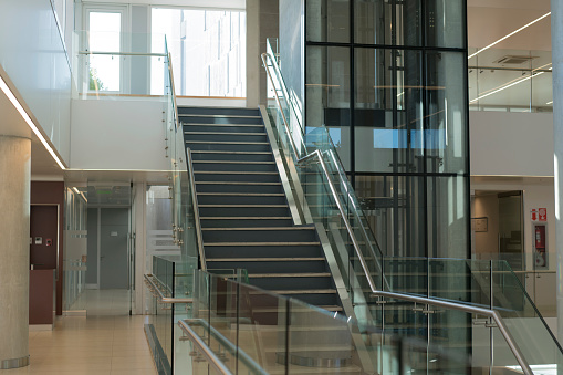 Modern glass staircase in luxury hotel