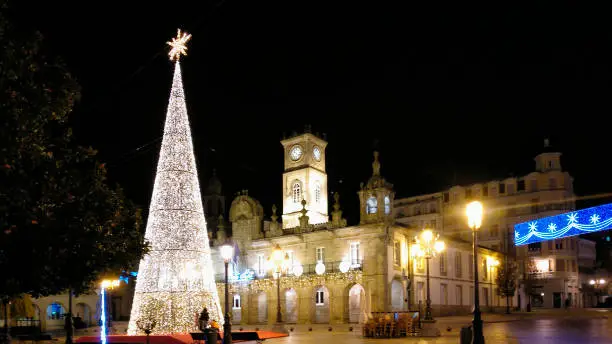 Modern lighting Christmas tree in front of Lugo city townhall, Galicia, Spain.