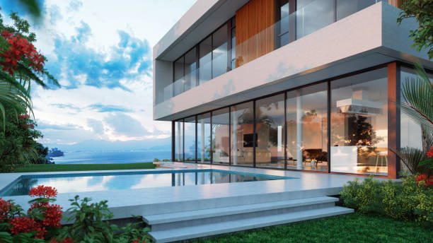 luxury villa exterior - looking at view water sea blue imagens e fotografias de stock