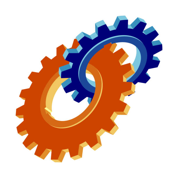 Two linked gears 3D vector icon. Illustration in flat style isolated on white background. vector art illustration