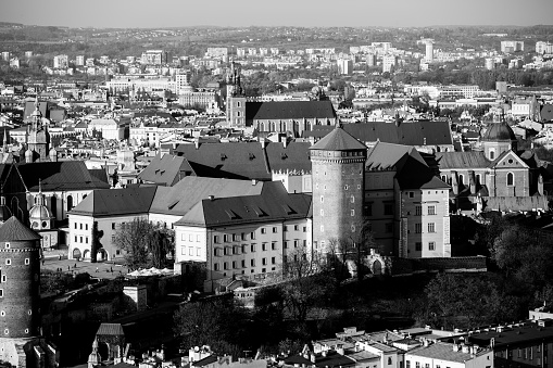 Top view of the center of Krakow, Poland. Black and white photo.