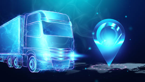 istock Truck hologram and world map on blue background. Parcel tracking applications, online cargo delivery service, logistics. 3D illustration, 3D render. 1291070393