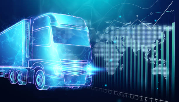 istock Truck hologram and world map on blue background. Parcel tracking applications, online cargo delivery service, logistics. 3D illustration, 3D render. 1291070398
