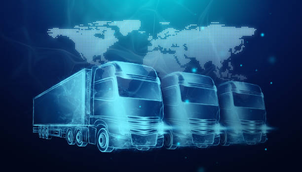 istock Truck hologram and world map on blue background. Parcel tracking applications, online cargo delivery service, logistics. 3D illustration, 3D render. 1291070402