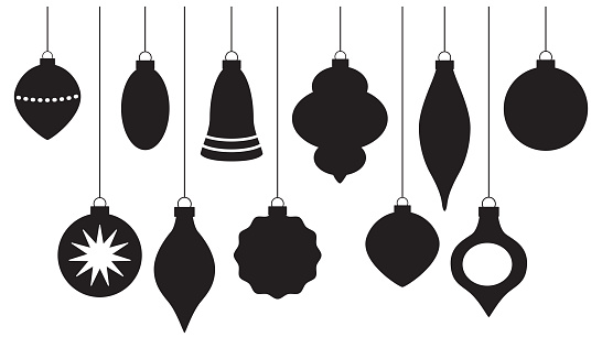 Vector silhouettes of eleven hanging Christmas ornaments on a white background.