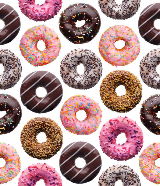 satz von verschiedenen donuts, nahtloses muster - sprinkles isolated white multi colored stock-fotos und bilder