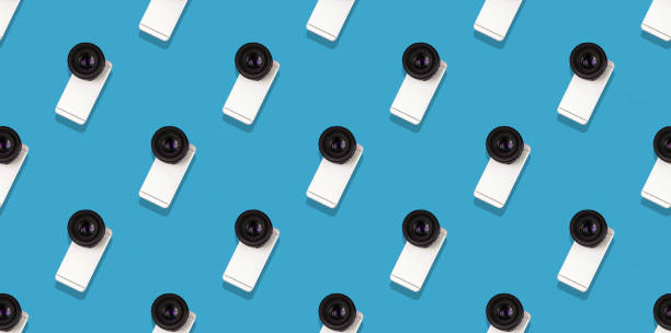 istock Seamless flat pattern, smartphone with a big camera from a DSLR, minimal concept, banner abstract trendy 1291072175