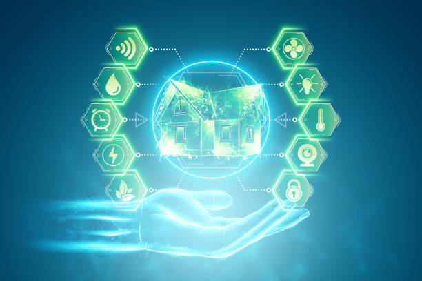 istock Male hand and smart home interface on a blue background. Automation concept, modern house, new technologies. 3D rendering, 3D illustration. 1291072747