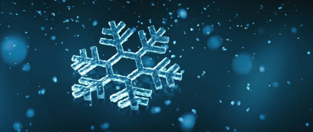 istock Wide horizontal scene with a single stylized ice snowflake laying on an artificial surface with snowing ice particles 1291074218