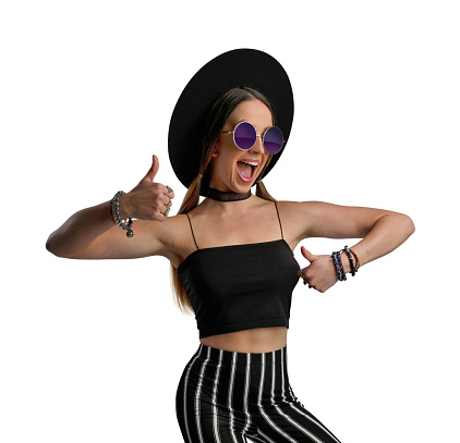 Hipster young woman giving thumbs up gesture with clipping path