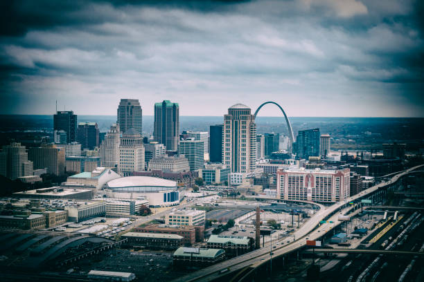 Desaturated aerial image of the downtown skyline of St. Louis Missouri from about 700 feet in altitude.