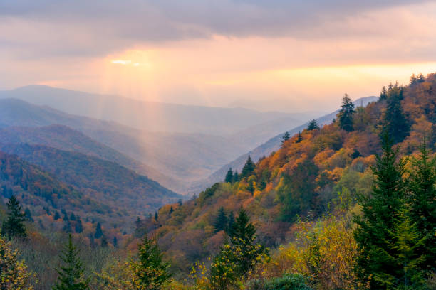 istock Sunrise Light Rays over Rolling Mountain Ridges ad Autumn Colorful Foliage 1291077685