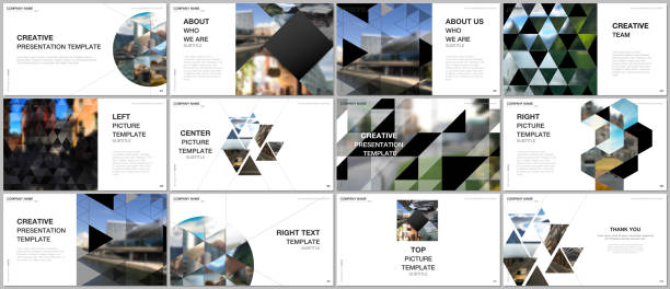 Presentation design vector templates, multipurpose template with triangles, triangular pattern for presentation slide, flyer, brochure cover design, infographic report. Background with place for photo Presentation design vector templates, multipurpose template with triangles, triangular pattern for presentation slide, flyer, brochure cover design, infographic report. Background with place for photo. portfolio photos stock illustrations