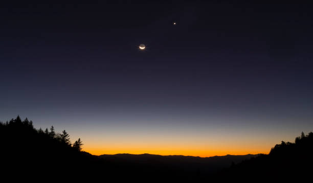 Moon and Venus during sunrise over the appalachian Mountains. Great Smoky Mountains National Park, Tennessee