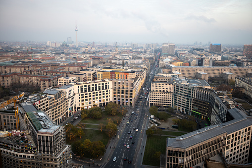 Leipziger Platz seen from above with the Fernsehturm TV Tower visible in the horizon