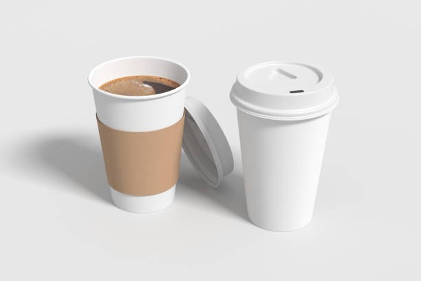 istock Two white take away coffee paper cups mock up with white lids on white background. Opened (with holder) and closed disposable cups. 1291078780