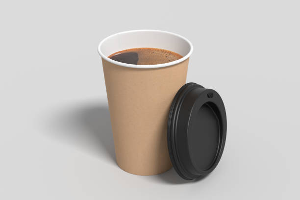 istock Cardboard take away coffee paper cup mock up with opened black lid on white background. 1291079075