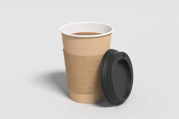 istock Cardboard take away coffee paper cup mock up with opened black lid with holder on white background. 1291079163