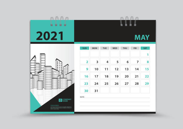 ilustrações, clipart, desenhos animados e ícones de projeto de modelo do calendário 2021, vetor de página de maio, semana começa no domingo, planejador mensal para 2021 ano, calendário de parede, planejador organizador de negócios, fundo abstrato verde - calendar page book personal organizer