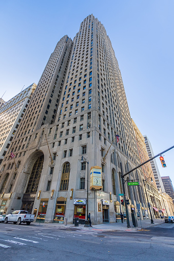 Detroit, MI, USA - November 10: Greater Penobscot Building in the Detroit Financial District on November 10, 2020 in downtown Detroit, Michigan.