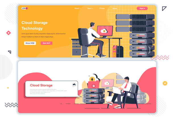 Cloud storage landing pages set. Hosting provider, cloud storage management corporate website. Flat vector illustration with people characters Cloud storage landing pages set. Hosting provider, cloud storage management corporate website. Flat vector illustration with people characters. Web concept use as header, footer or middle content. header footer template stock illustrations
