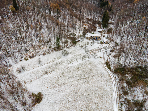Aerial view of old abandoned manganese mine building in Chiatura, Georgia. Taken via drone.