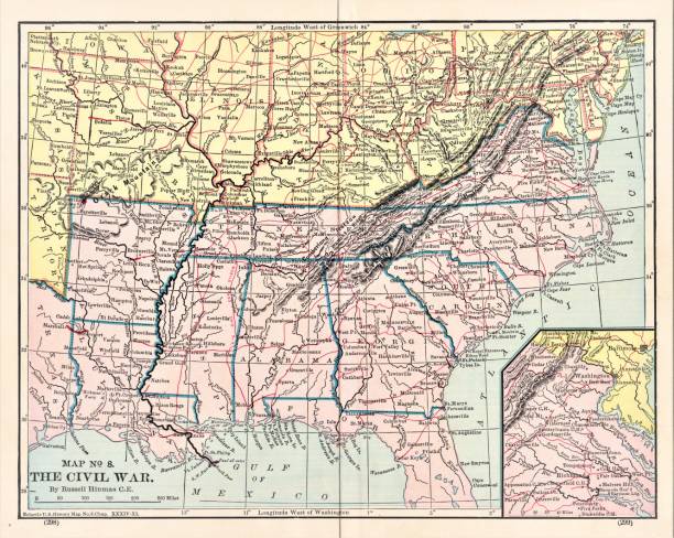 United States Civil War Campaigns Map Map of the United States Civil War military campaigns. Illustration published in The New Eclectic History of the United States by M. E. Thalheimer (American Book Company; New York, Cincinnati, and Chicago) in 1881 and 1890. Copyright expired; artwork is in Public Domain. civil war stock illustrations