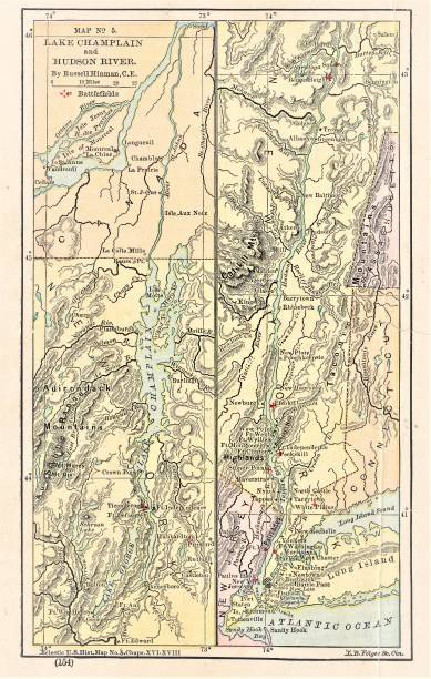 ilustraciones, imágenes clip art, dibujos animados e iconos de stock de mapa del lago champlain y del río hudson, guerra franco-india - british colony