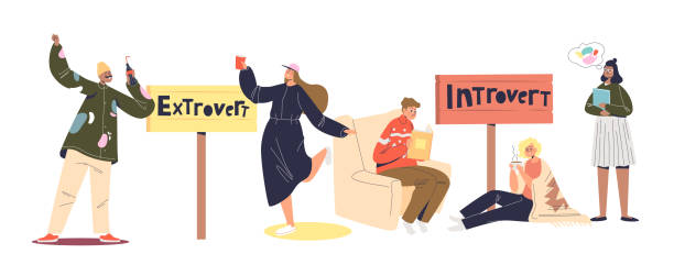 extravertierte und introvertierte zeichentrickfiguren. satz von menschen mit introvertierter und extravertierter denkweise - shy stock-grafiken, -clipart, -cartoons und -symbole