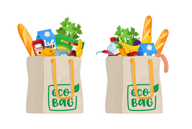 Food in Shopping Eco Bags, Grocery Isolated on White Background. Different Production Vegetables, Bread or Cans with Milk Food in Shopping Eco Bags, Grocery Isolated on White Background. Different Production Vegetables, Bread or Cans with Milk Package, Sausages, Greenery, Cheese or Ketchup. Cartoon Vector Illustration reusable bag stock illustrations