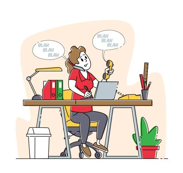 Vector illustration of Telephone Communication, Busy Day, Call Operator Concept. Office Worker Business Woman Character Talking by Phone