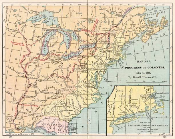 mapa kolonii amerykańskich przed 1763 rokiem - kolonializm stock illustrations
