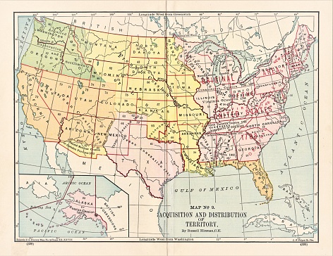 Map of acquisition and distribution of land in the United States prior to 1890. Illustration published in The New Eclectic History of the United States by M. E. Thalheimer (American Book Company; New York, Cincinnati, and Chicago) in 1881 and 1890. Copyright expired; artwork is in Public Domain.
