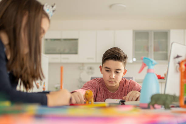 istock Brother and sister learning from home 1291086206