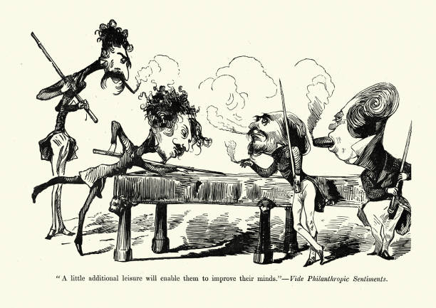 ilustrações de stock, clip art, desenhos animados e ícones de men playing billiards and smoking cigars, victorian - bilhar desporto com taco ilustrações