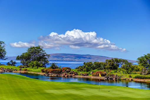 Lush tropical landscapes on a golf course in Wailea on the Hawaiian island of Maui