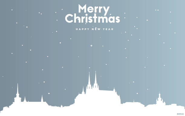 ilustrações de stock, clip art, desenhos animados e ícones de christmas and new year blue greeting card with white cityscape of brno - christmas winter close up table