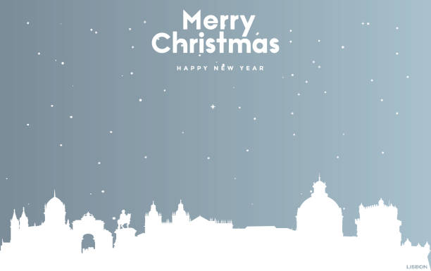 ilustrações de stock, clip art, desenhos animados e ícones de christmas and new year blue greeting card with white cityscape of lisbon - natal lisboa