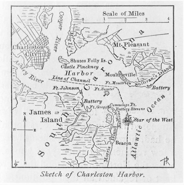 ilustrações, clipart, desenhos animados e ícones de charleston harbor, carolina do sul, mapa, guerra civil dos eua - charleston harbor