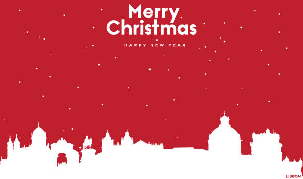 ilustrações de stock, clip art, desenhos animados e ícones de christmas and new year red greeting card with white cityscape of lisbon - natal lisboa