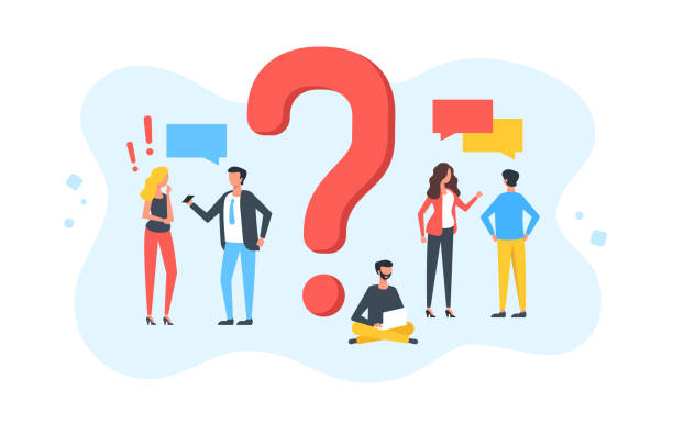 Question. Group of talking people with speech bubbles and giant question mark. Customer service, frequently asked questions, client help, maintenance, technical support, FAQ concepts. Modern flat design. Vector illustration Question. Group of talking people with speech bubbles and giant question mark. Customer service, frequently asked questions, online client help, maintenance, technical support, FAQ concepts. Modern flat design. Vector illustration asking illustrations stock illustrations