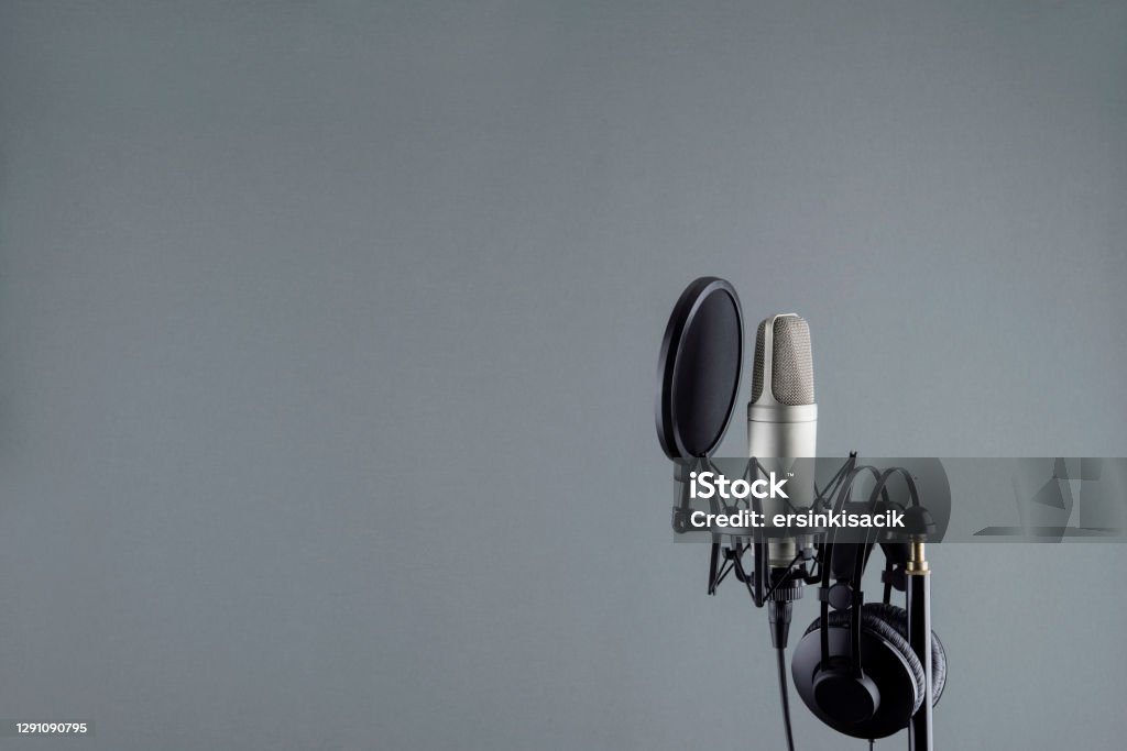 Audio recording vocal studio voice microphone Professional microphone in a mic holder.
Copy space for your design. Podcasting Stock Photo