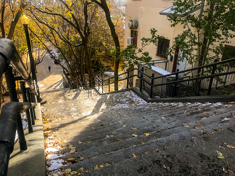 Montreal, Quebec, Canada - November 8, 2019: Sidewalks and stairways in Mount Royal Park in Montreal Quebec in the fall