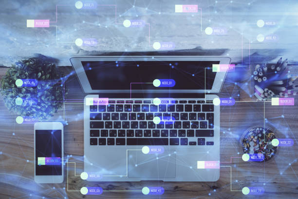 istock Double exposure of data hologram sketch over study table background with computer. Concept of Ai. Top view. 1291096704