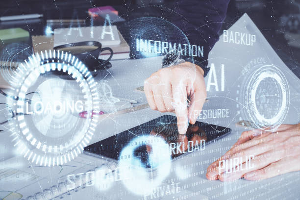 istock Double exposure of man's hand holding and using a digital device and data theme drawing. Technology concept. 1291096743